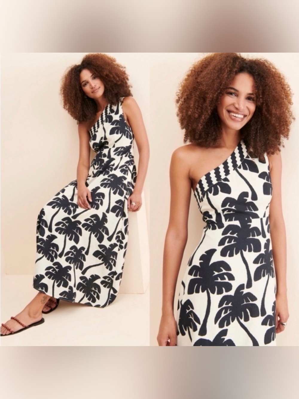 Farm Rio One-Shoulder Tropical Print Maxi Dress in Black and Cream